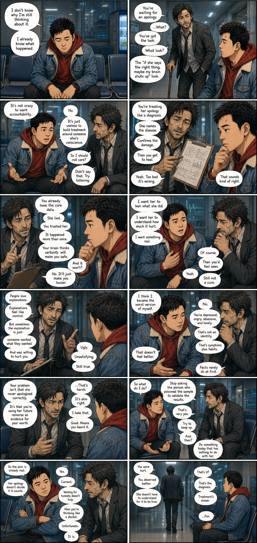Not A Diagnosis: A layered version of Tony receiving a blunt diagnosis for the closure he kept waiting to receive.
