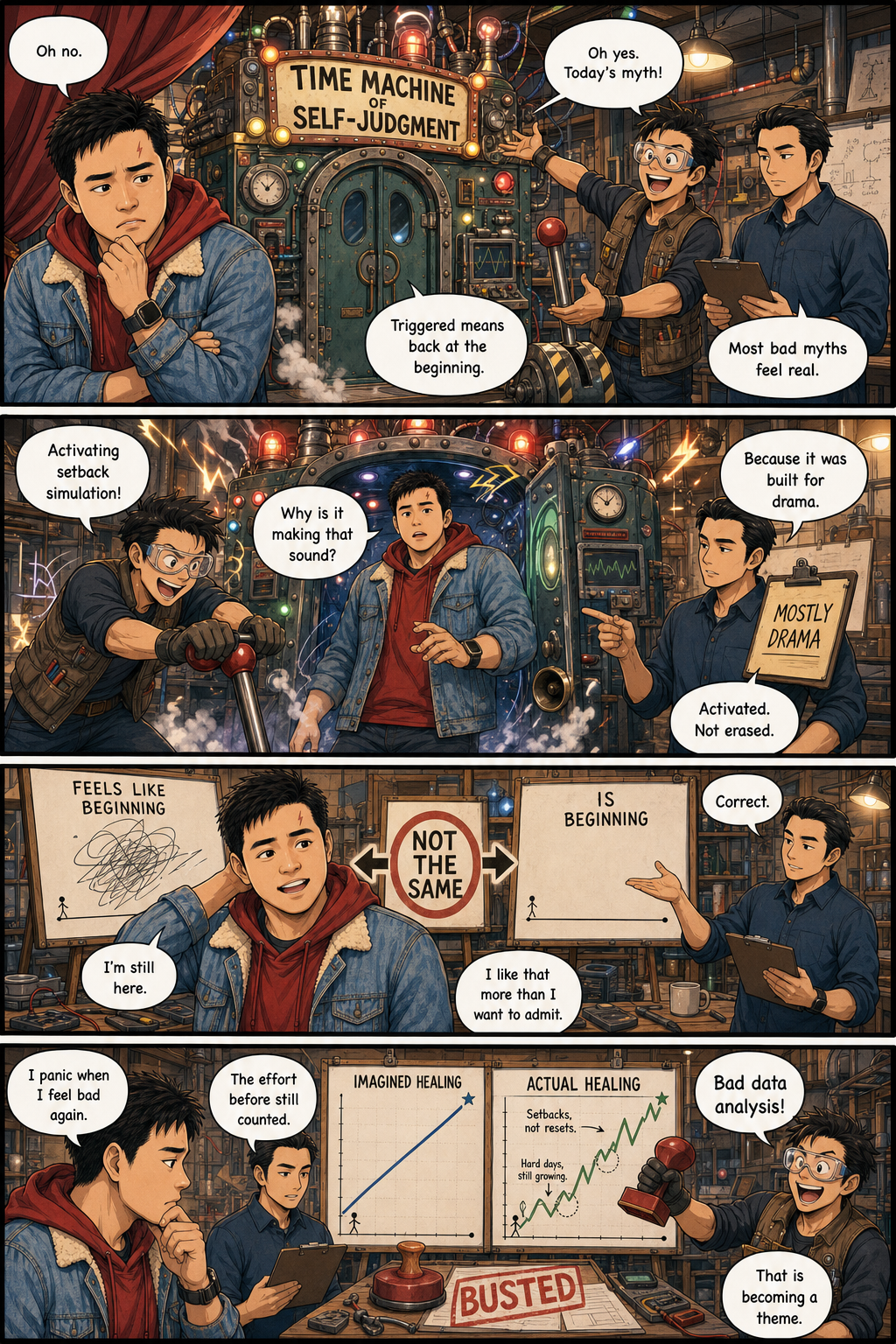 Not A Time Machine: A layered version of Tony learning that a trigger can reactivate distress without erasing the effort that came before.