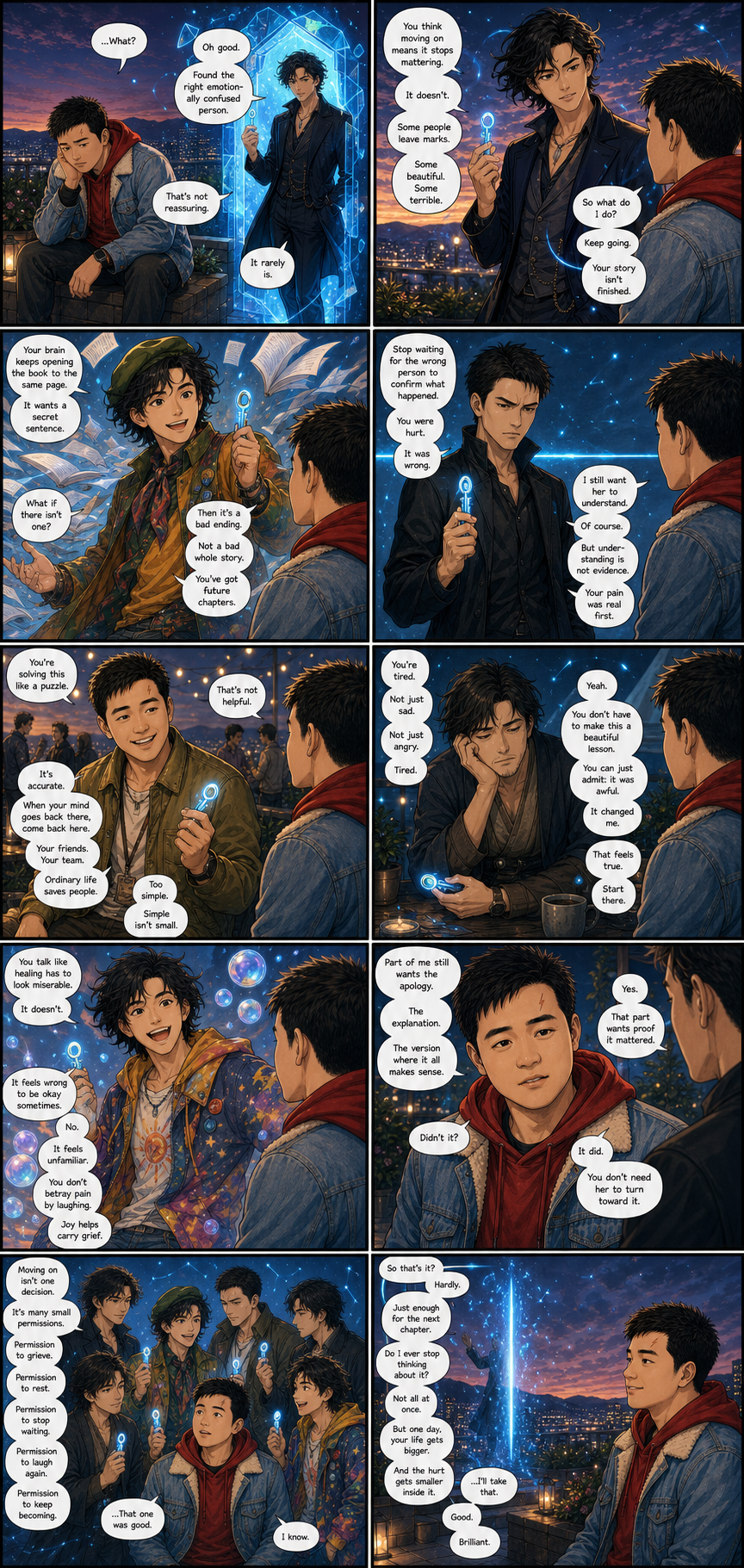 Regeneration Advice: A layered version of Tony surrounded by six incarnations of one time-traveling guide, each offering a different permission to keep living.