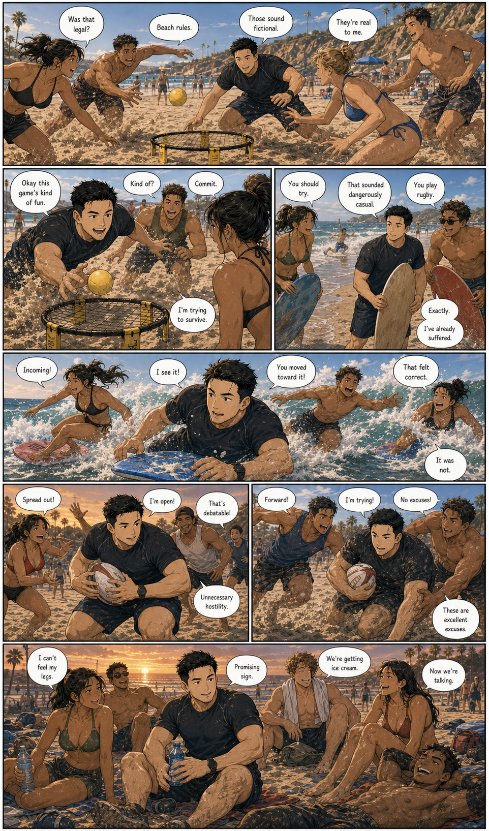 Sand Rules: A layered version of spikeball, skim boards, waves, and touch rugby chaos.