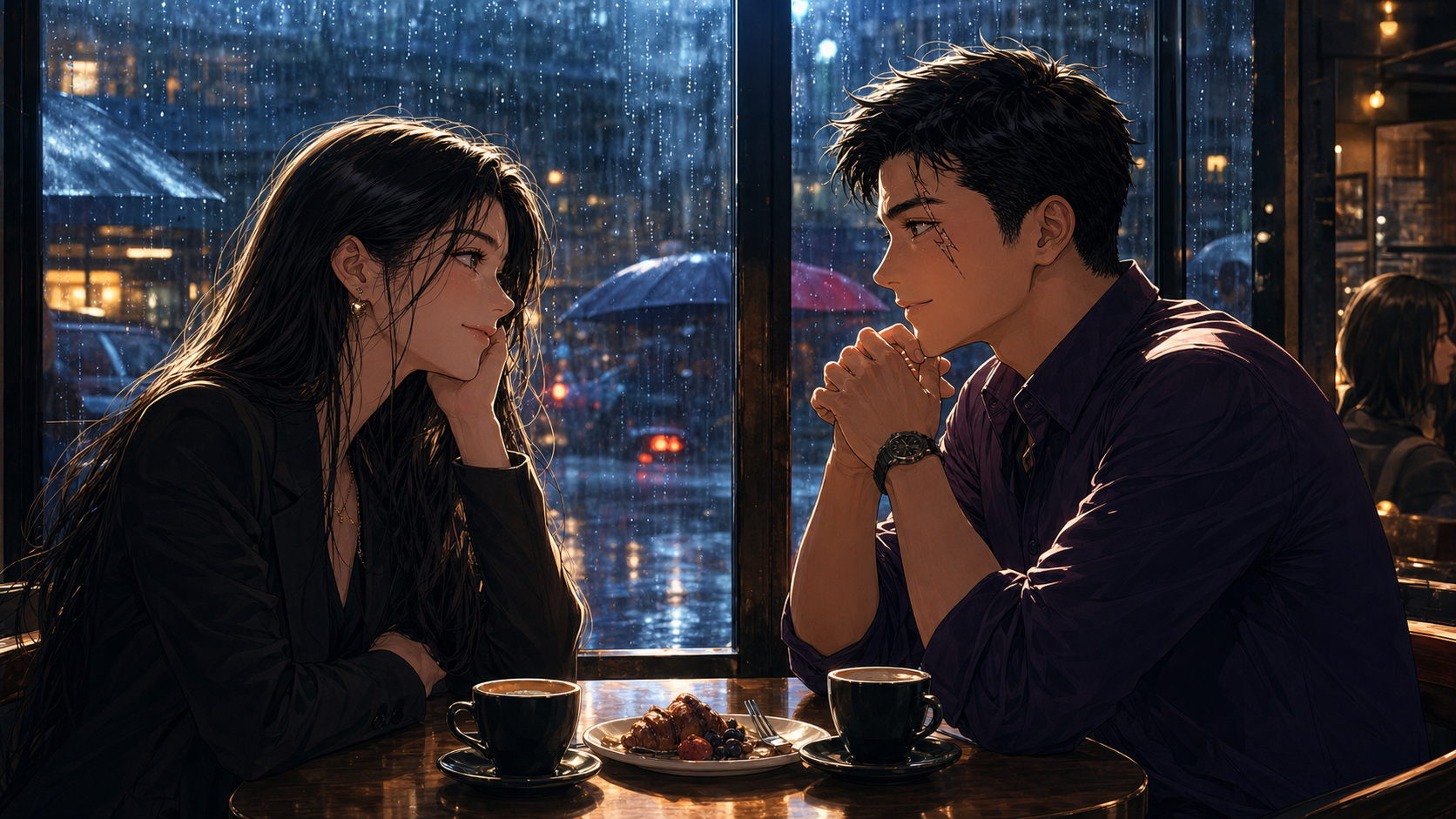 First Coffee Generated Manga Image: Shemay Lee / Claudia Lee and Tony meet in a rainy Vancouver cafe, where food and careful curiosity become the first signs of connection.