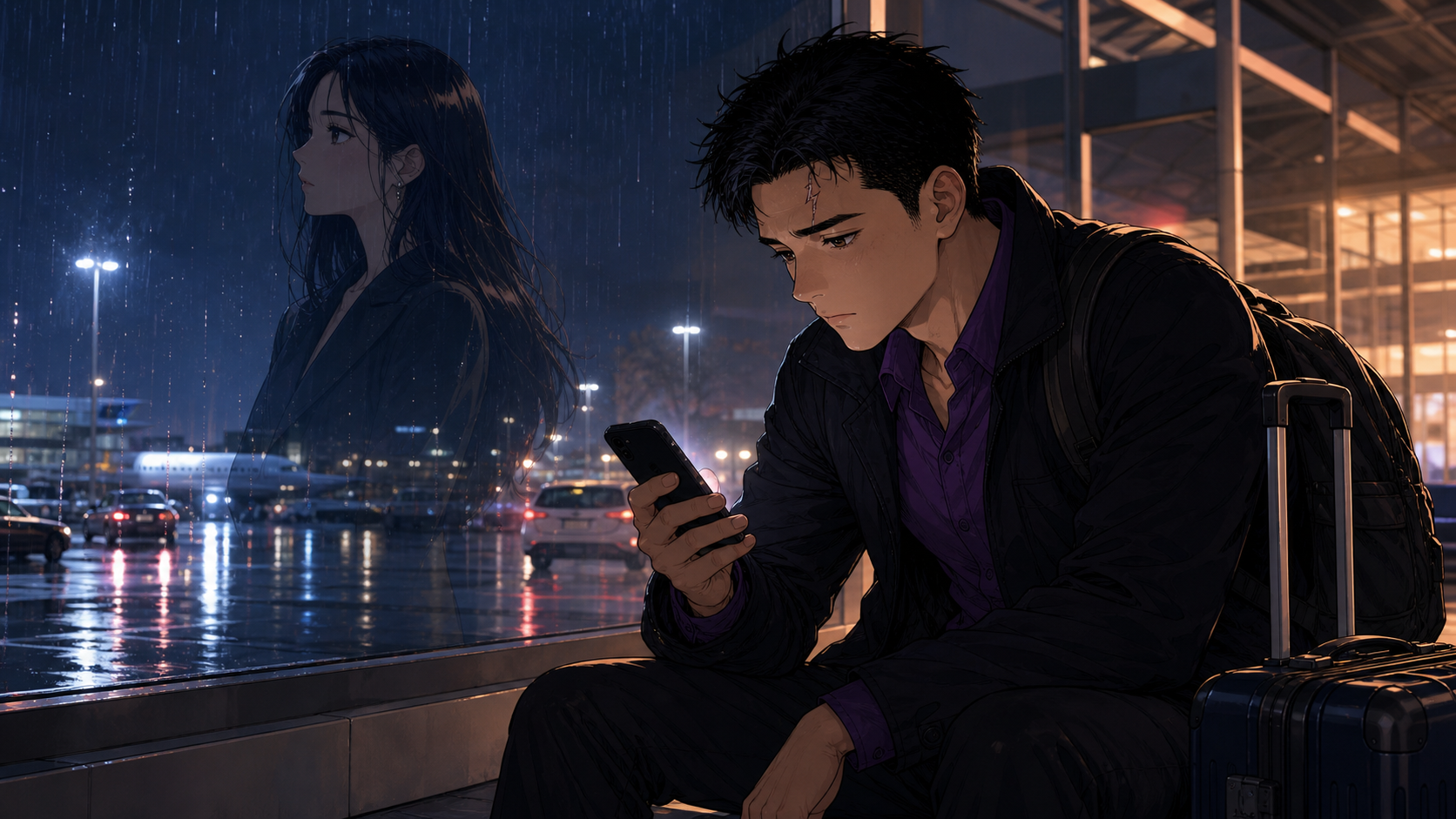 The LA Trap Generated Manga Image: Tony waits at the airport while Shemay Lee / Claudia Lee remains present only through silence and reflection.
