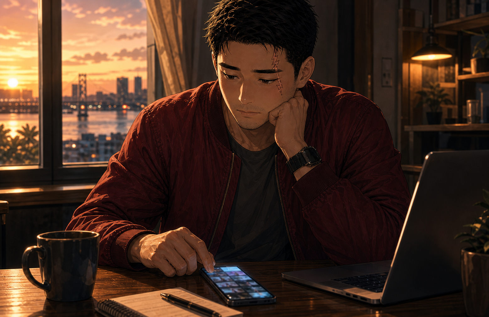 The Screenshots Generated Manga Image: Tony pauses over saved digital memories and realizes screenshots can preserve facts, not closeness.
