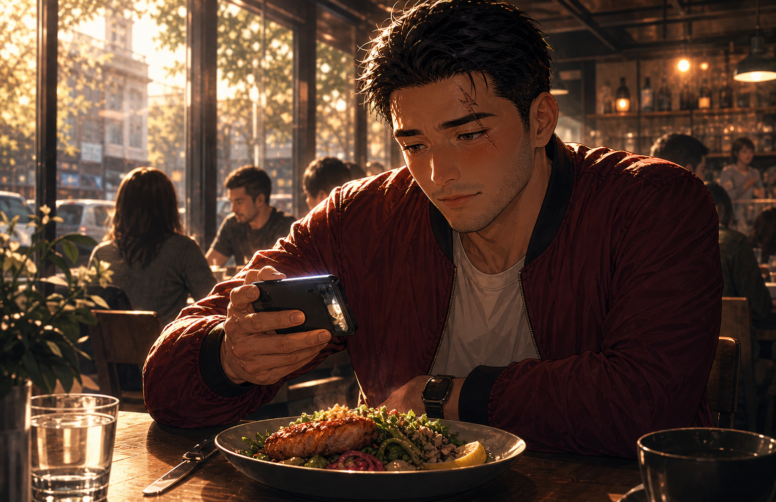 Ghost Habit Generated Manga Image: Tony catches himself about to send a food photo to someone who is no longer waiting.