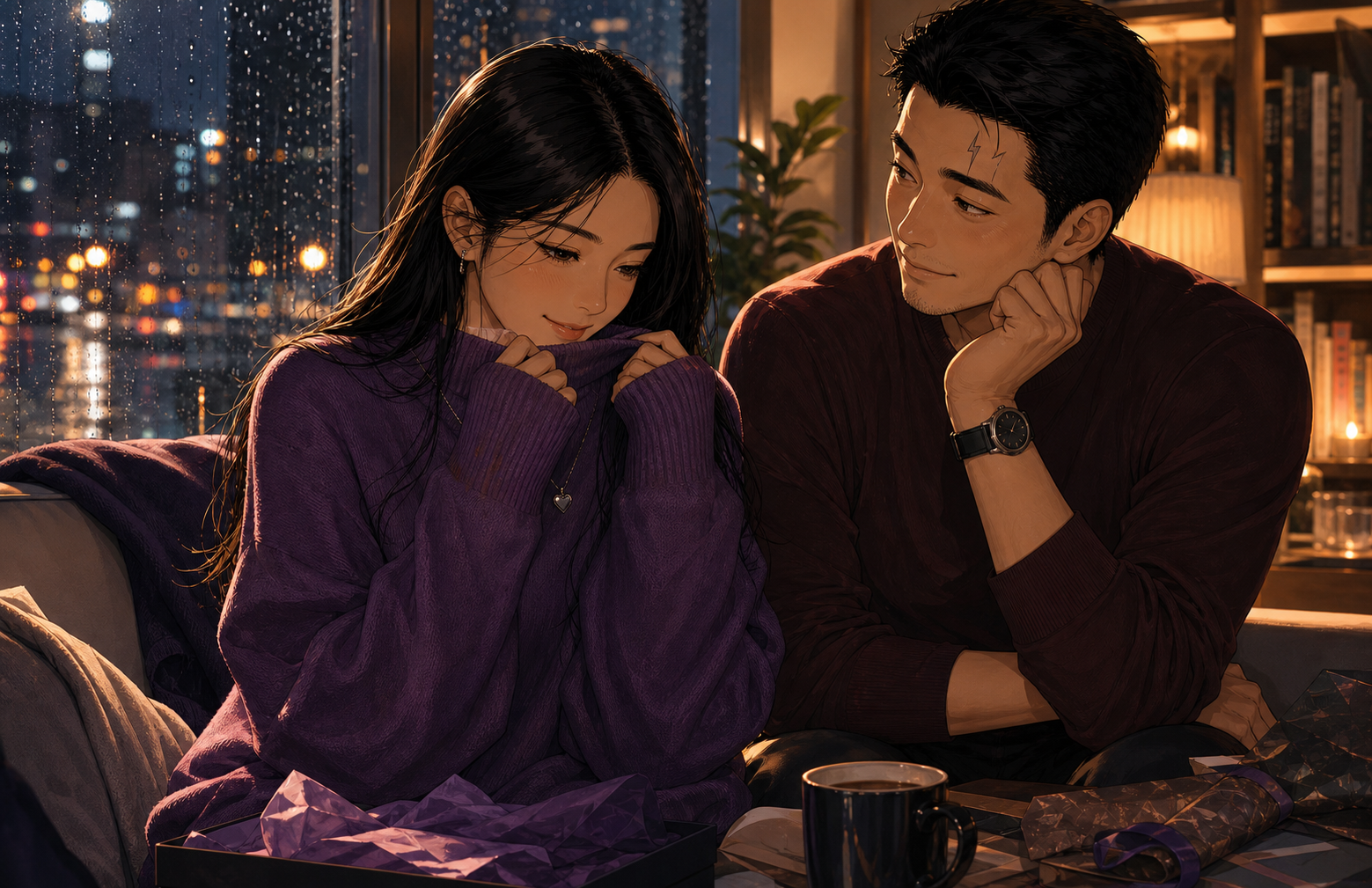 The Purple Sweater (Layered) Generated Manga Image: The purple sweater becomes a small archive of winter, teasing, and ordinary warmth.