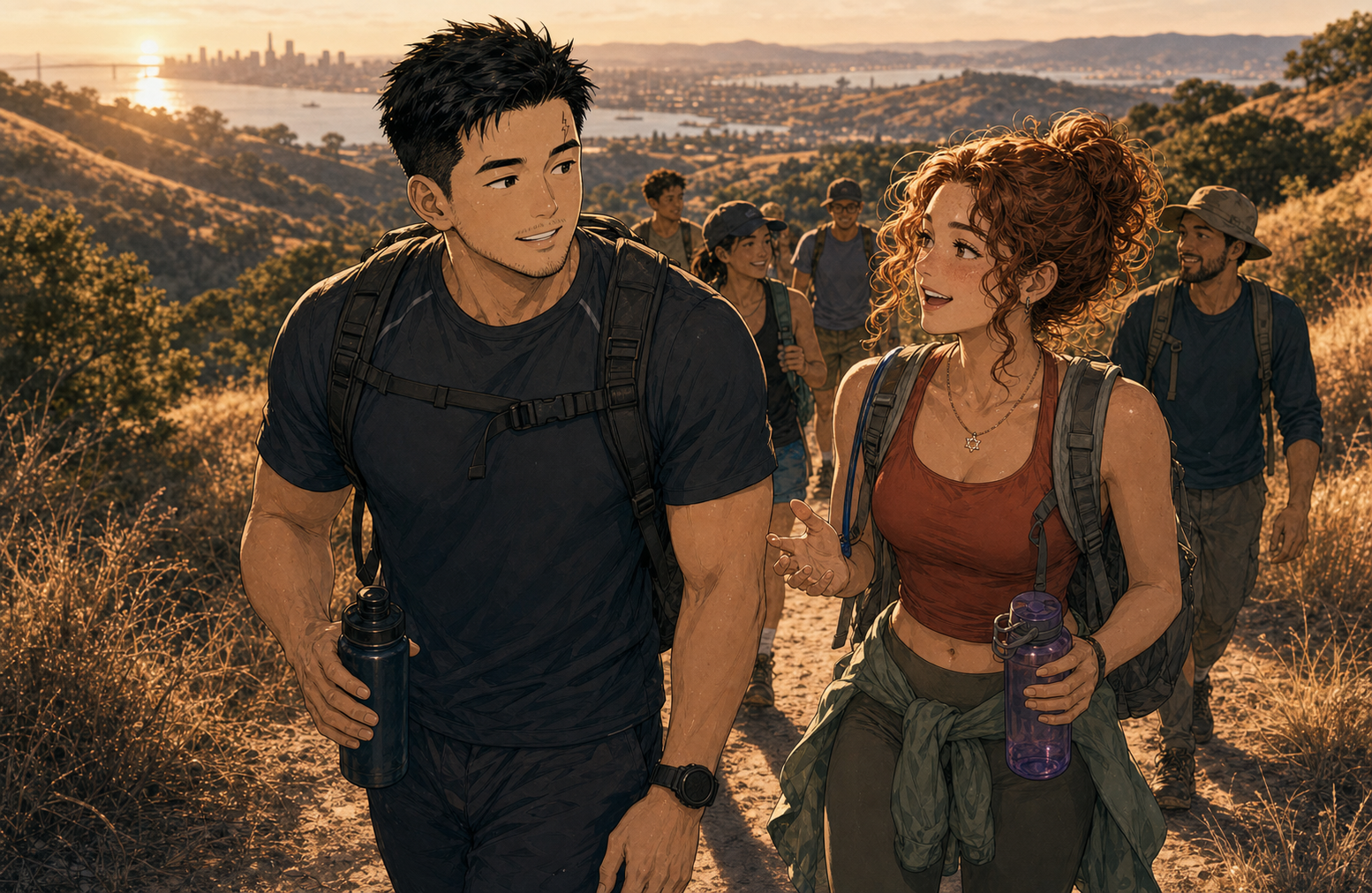 Trail Mix Generated Manga Image: Tony joins an unemployed hiking group expecting exercise and distraction, then meets Laura on a Bay Area trail.