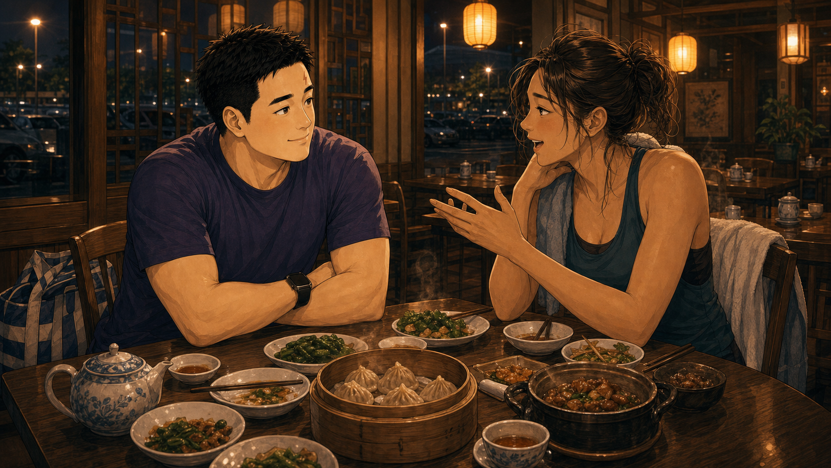 After Hours Generated Manga Image: After the beach empties, Tony and a rugby teammate keep the day going over late-night Chinese food.