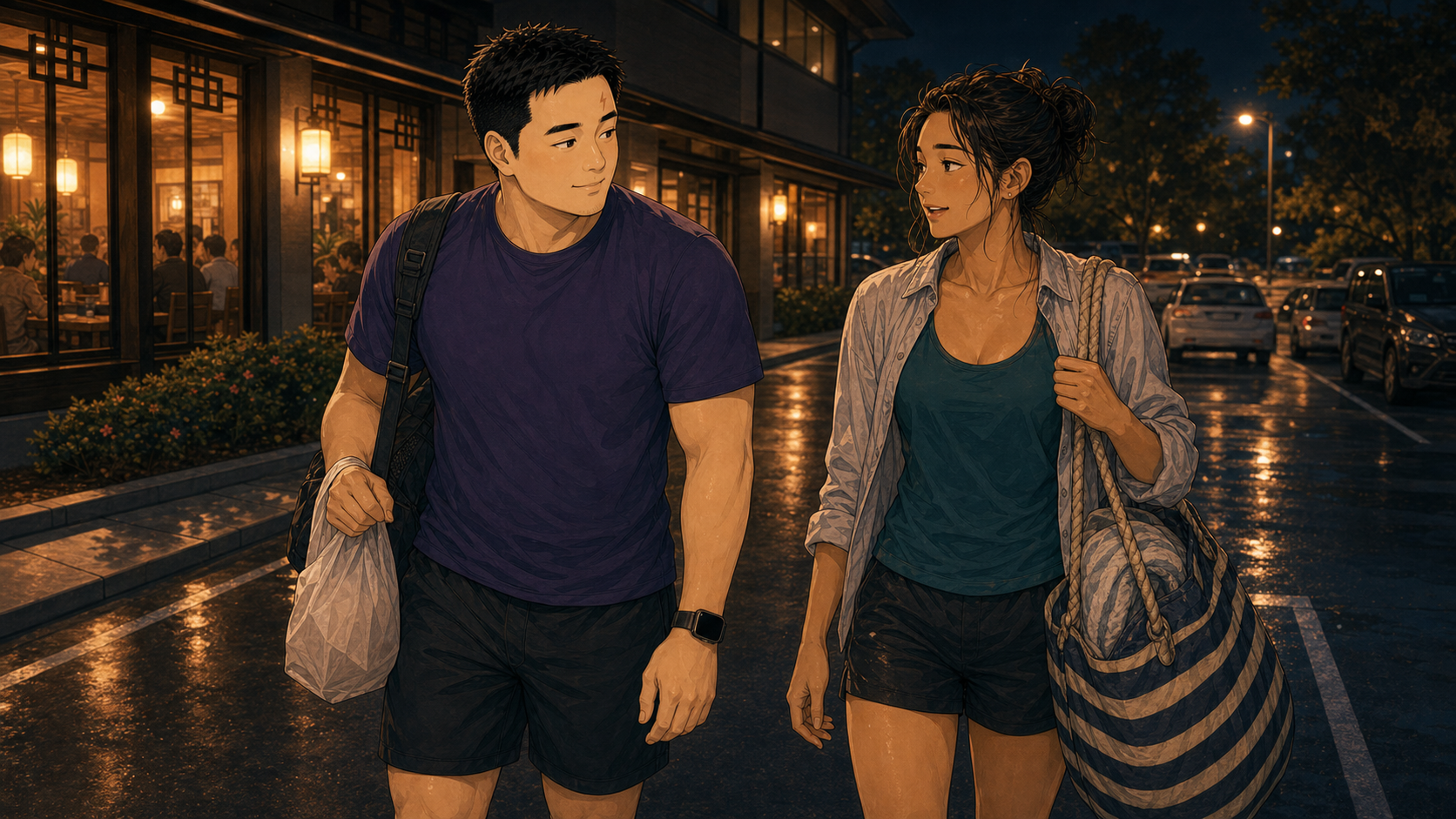 After Hours Generated Manga Image: After dinner, Tony and a rugby teammate walk out into the parking-lot glow with the quiet ease of friendship.