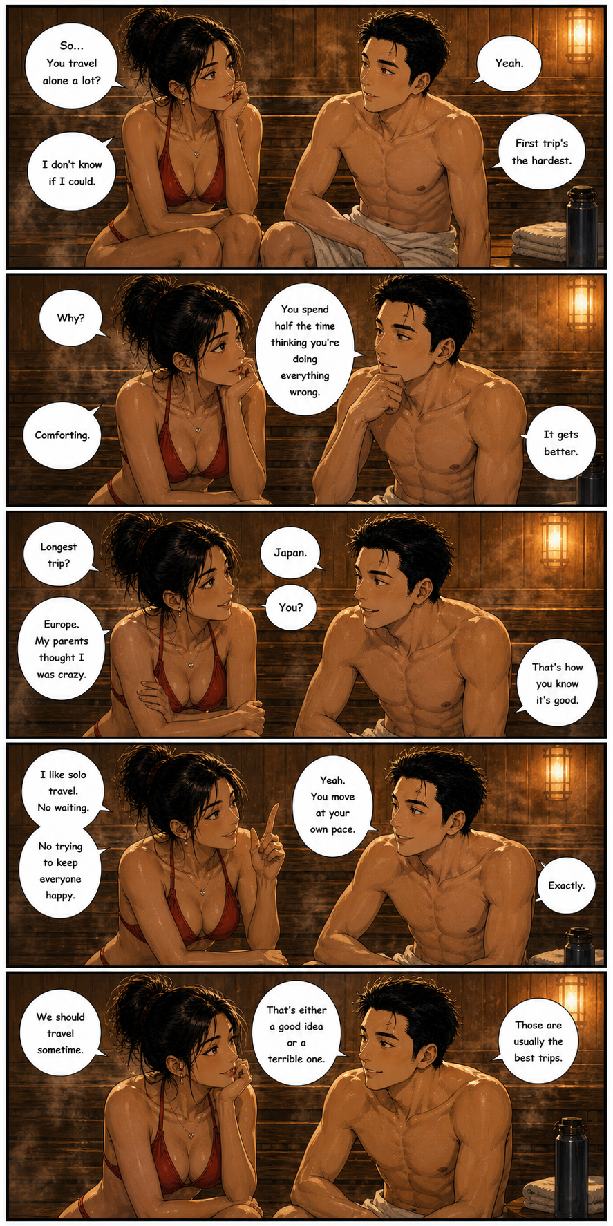 Steam & Stories: A less-wide page version of Tony and his rugby friend talking travel in the sauna.