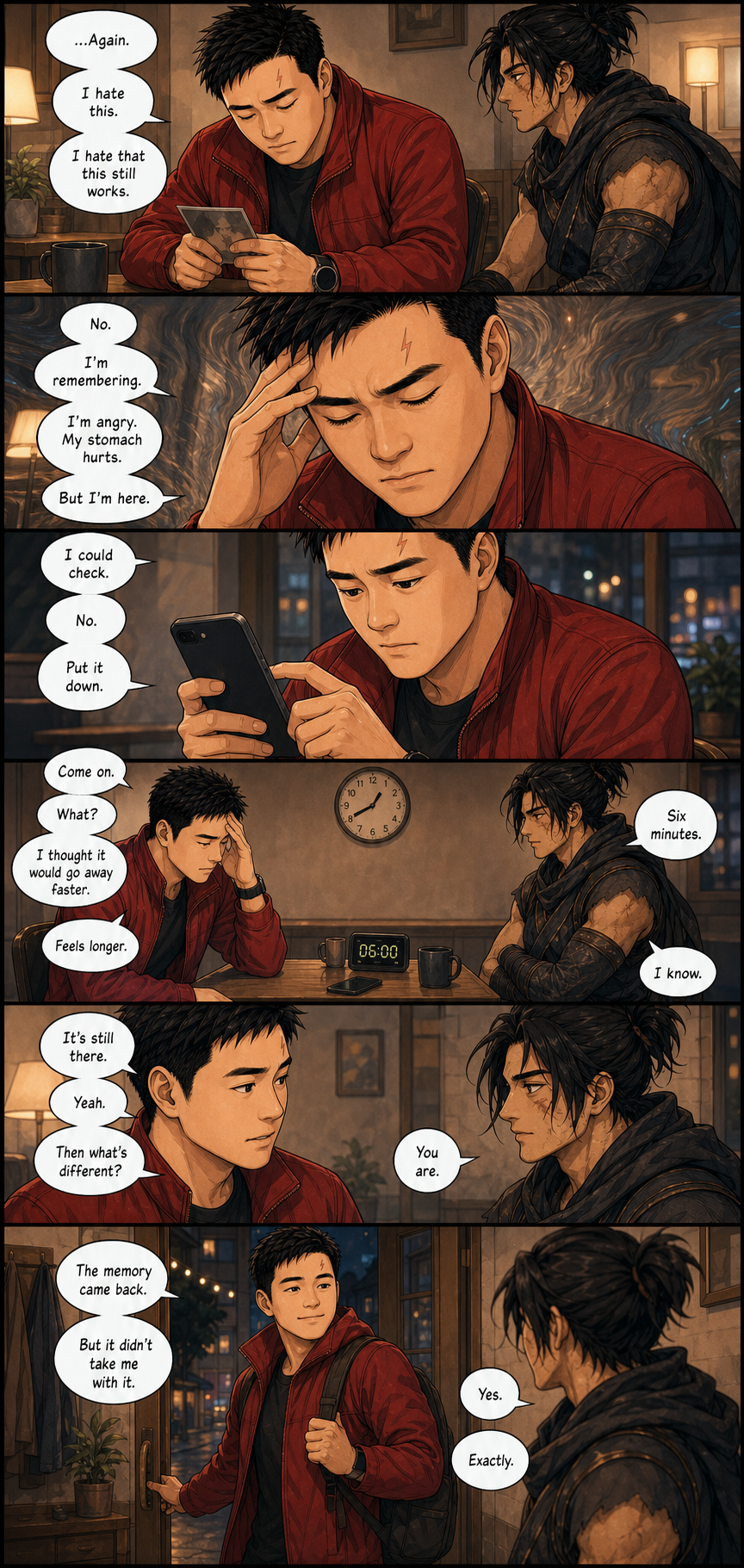 Still Here: A layered version of Tony measuring recovery by how quickly he returns to his ordinary day.
