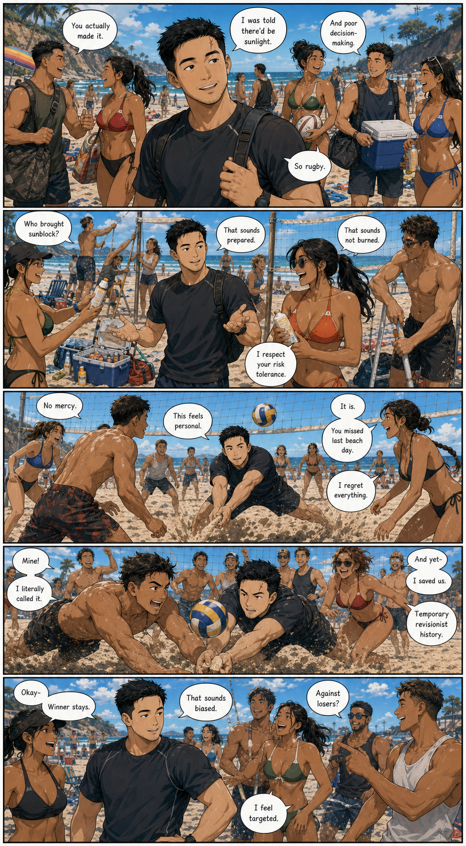 Sunblock: A layered version of the Beach Mode opener with sunblock, volleyball, and rugby chaos.