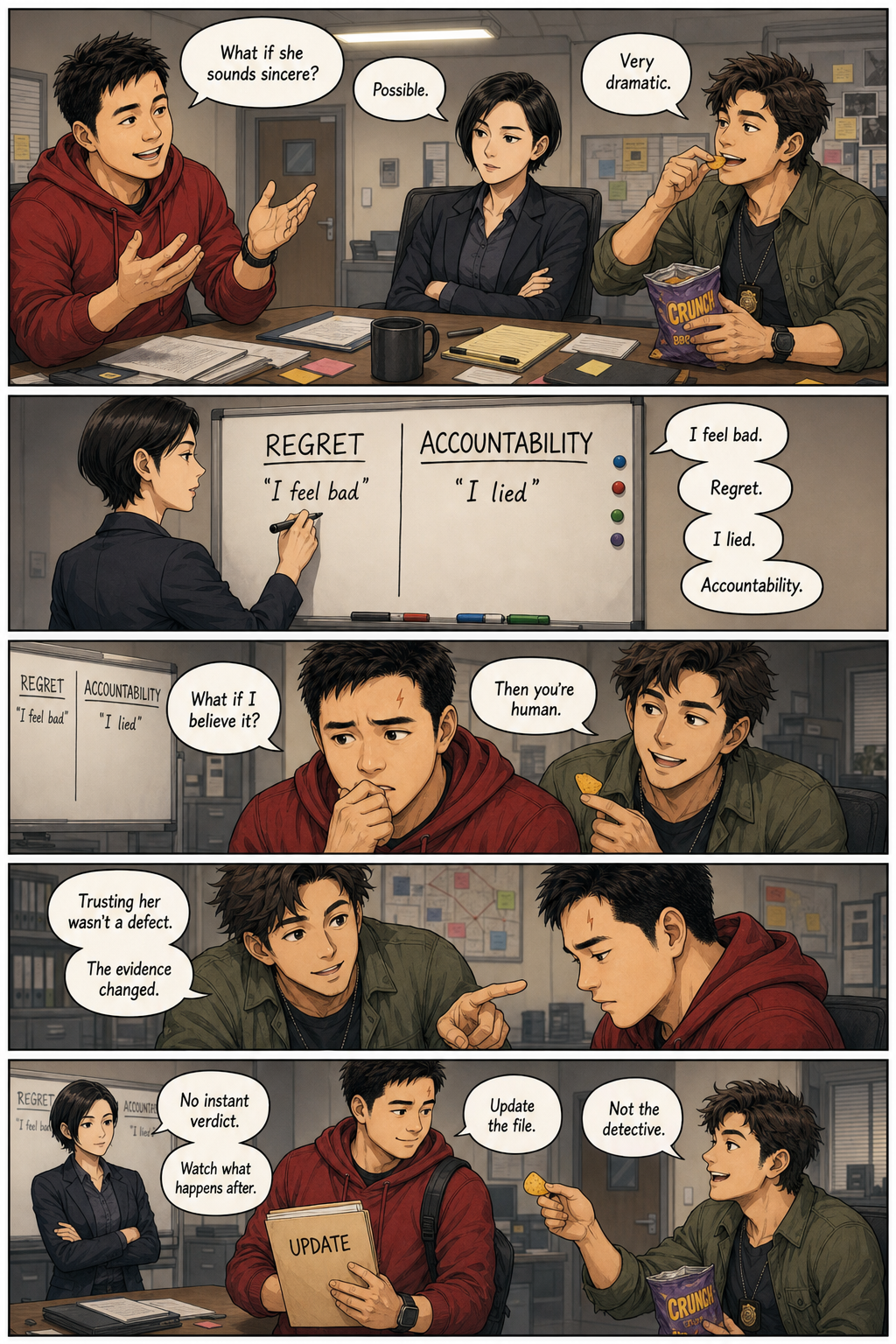 The Apology Test: A layered version of Tony separating regret from responsibility and learning not to punish the person who once trusted.