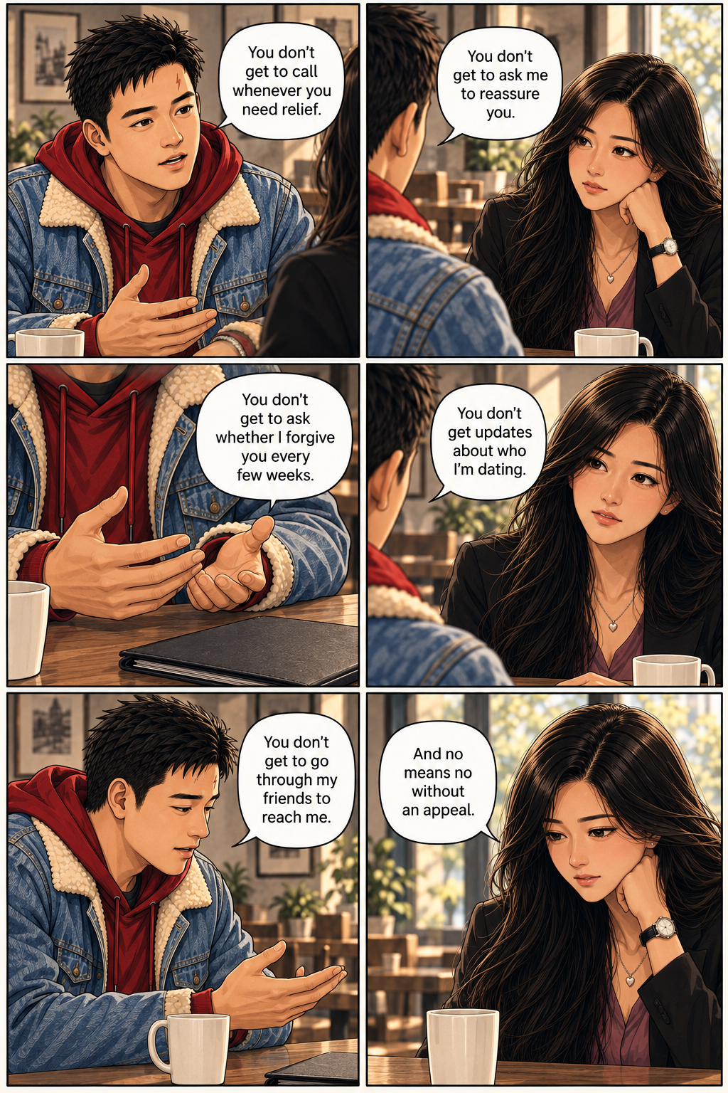 Tony calmly lists boundaries around calls, reassurance, forgiveness, dating updates, friends, and appeals.