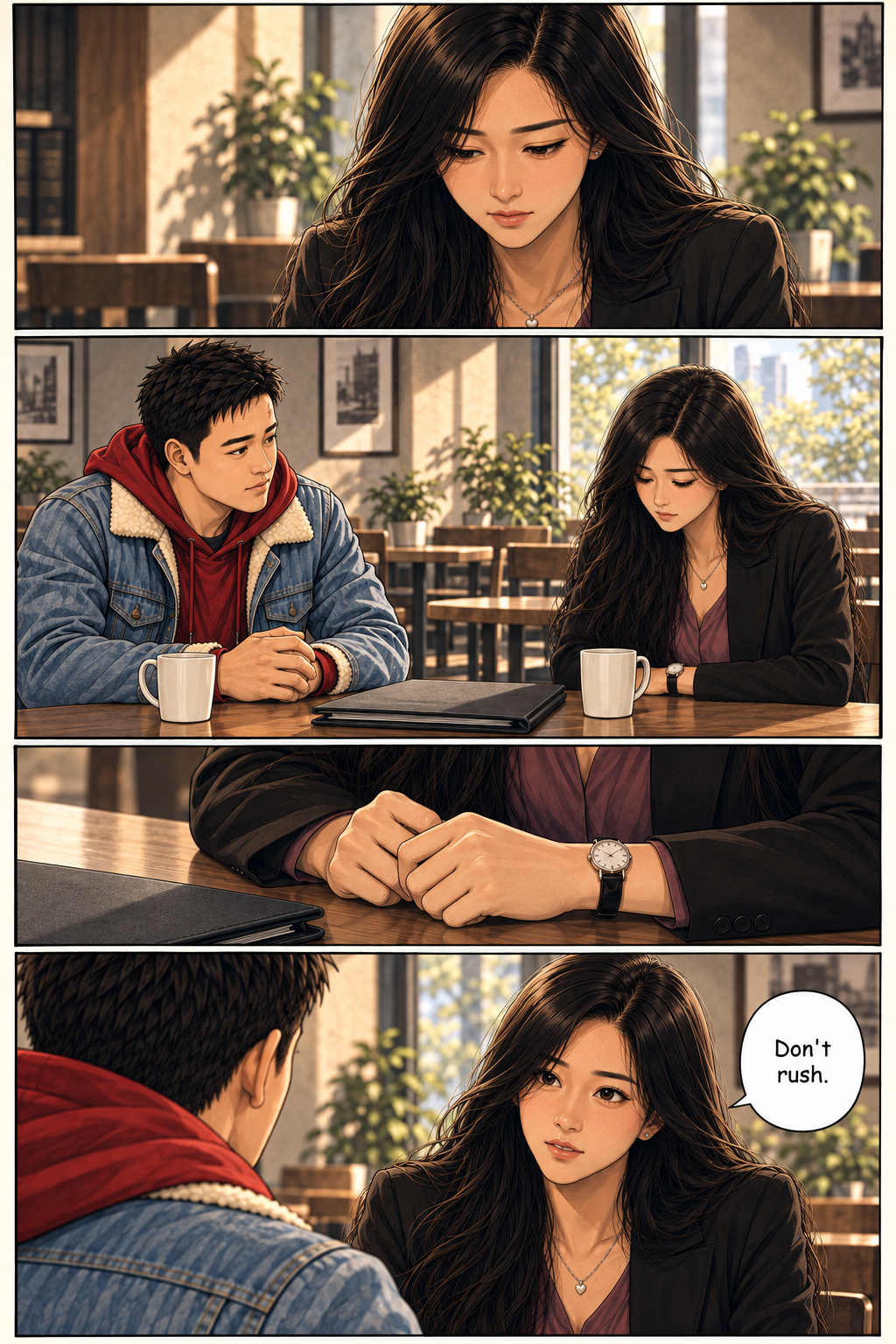 Shemay pauses with tense hands and softly advises Tony not to rush.