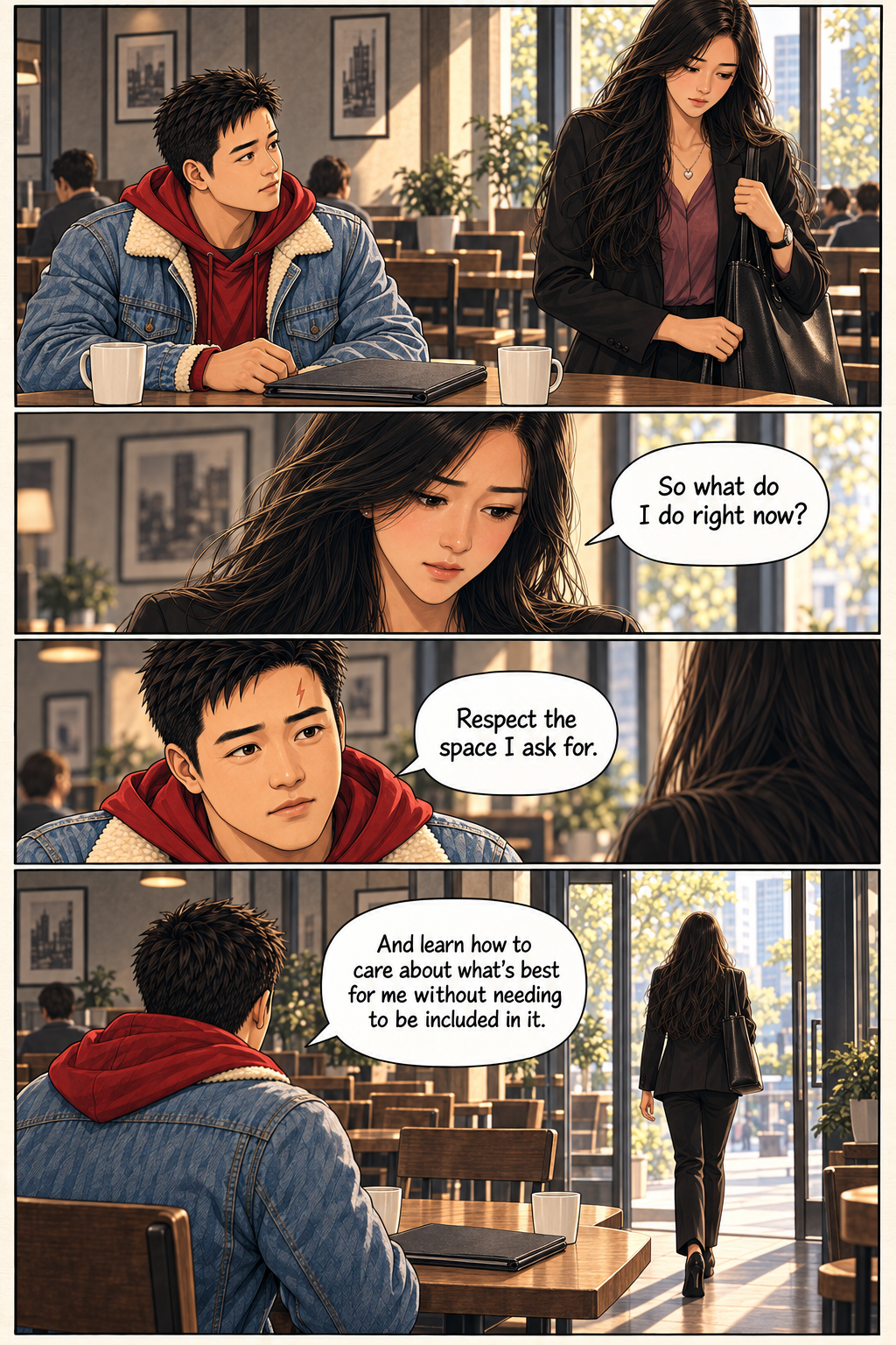 Shemay leaves the cafe alone after Tony asks her to respect space and care without needing inclusion.