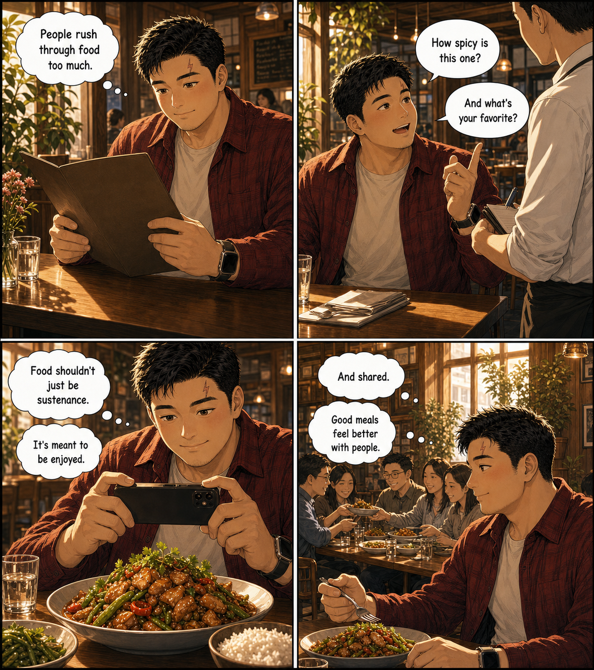 The Food Philosophy: Tony sees food as something meant to be shared, not merely consumed.