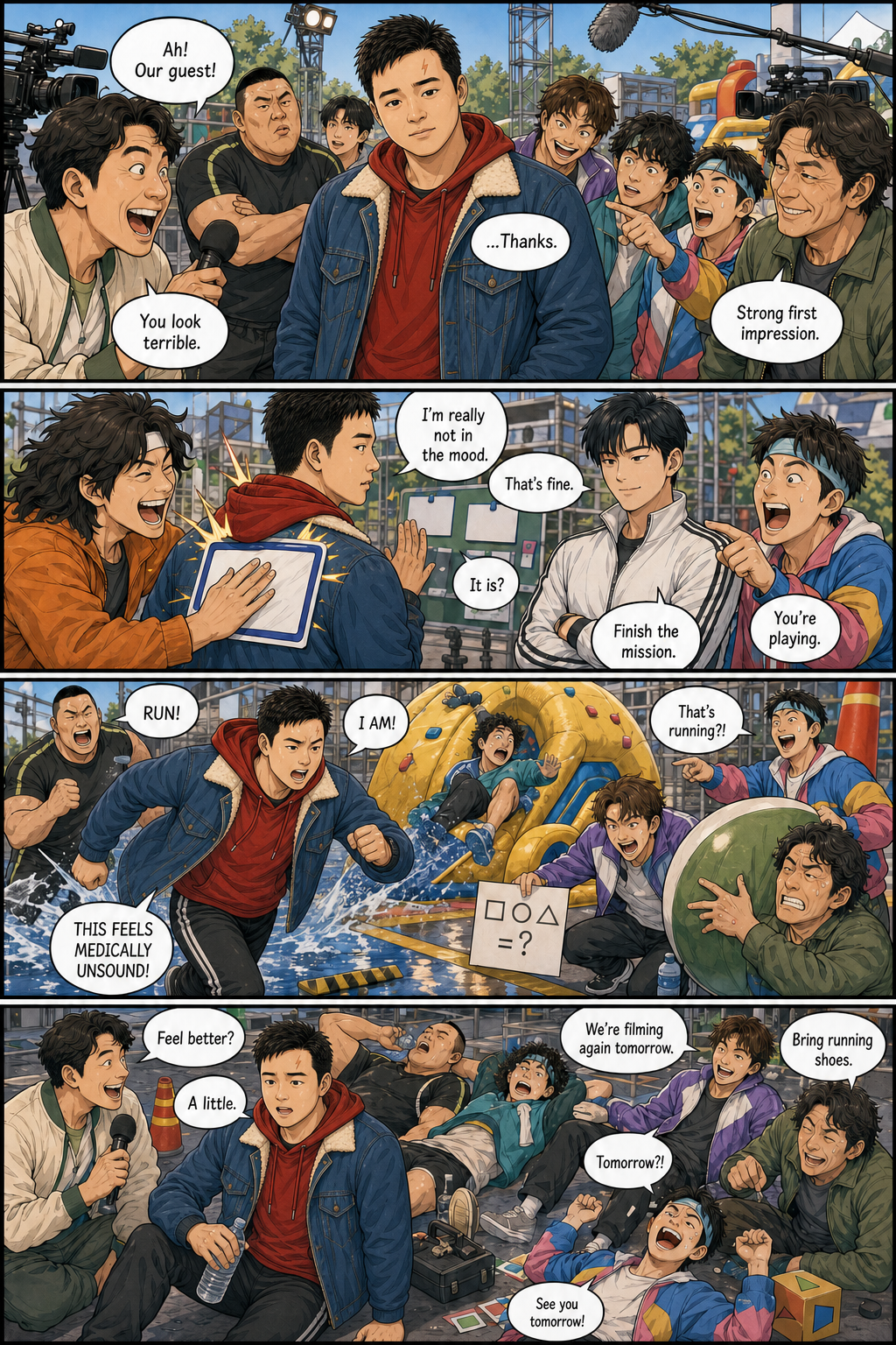 The Guest Who Doesn't Want To Be Here: A layered version of Tony being folded into a chaotic variety-show ensemble before he feels ready to rejoin life.