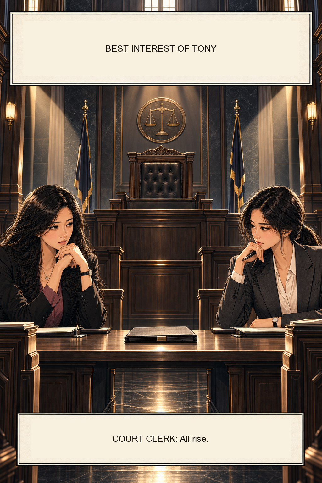 Two versions of Shemay face each other beneath an empty judicial chair devoted to Tony's best interest.