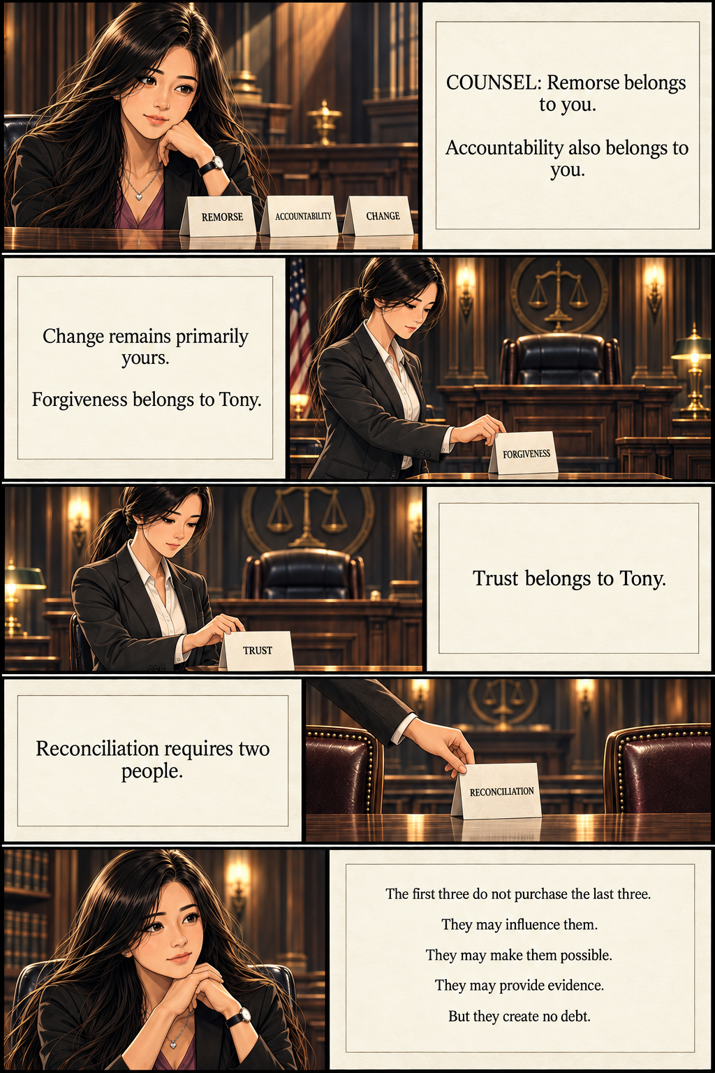 Counsel assigns remorse, accountability, change, forgiveness, trust, and reconciliation to their proper owners.