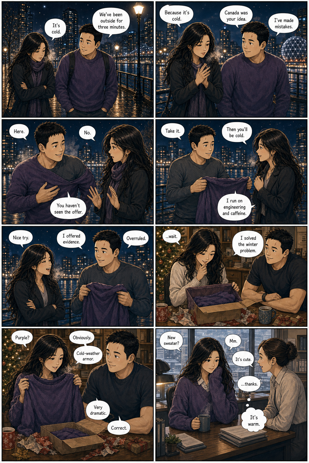 The Purple Sweater (Layered): The purple sweater becomes a small archive of winter, teasing, and ordinary warmth.