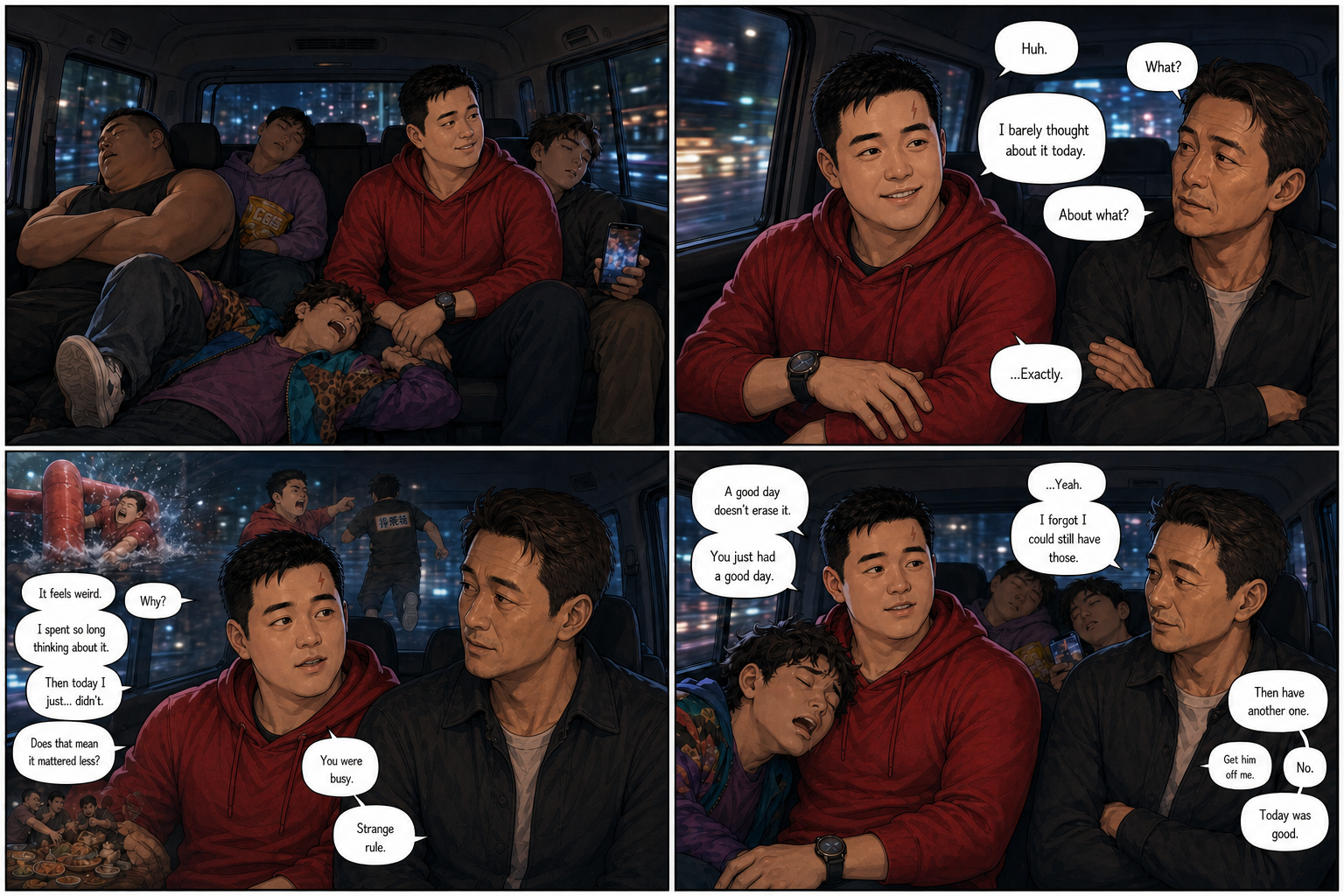 The Quiet Ride Home: A layered version of Tony realizing that joy can return as an ordinary day, not a grand cure.