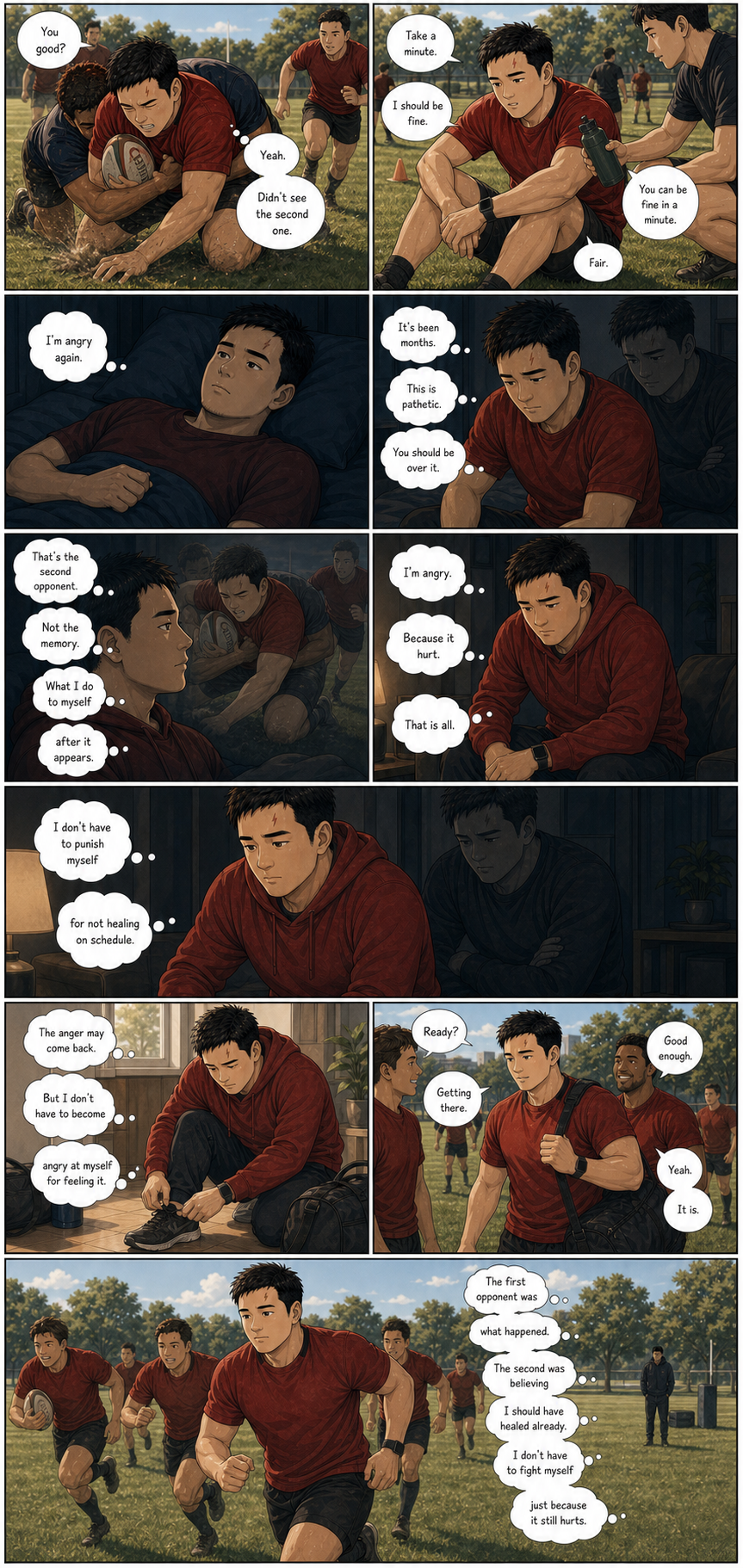 The Second Opponent: Tony realizes that the returning anger is not failure; the second opponent is judging himself for still feeling it.