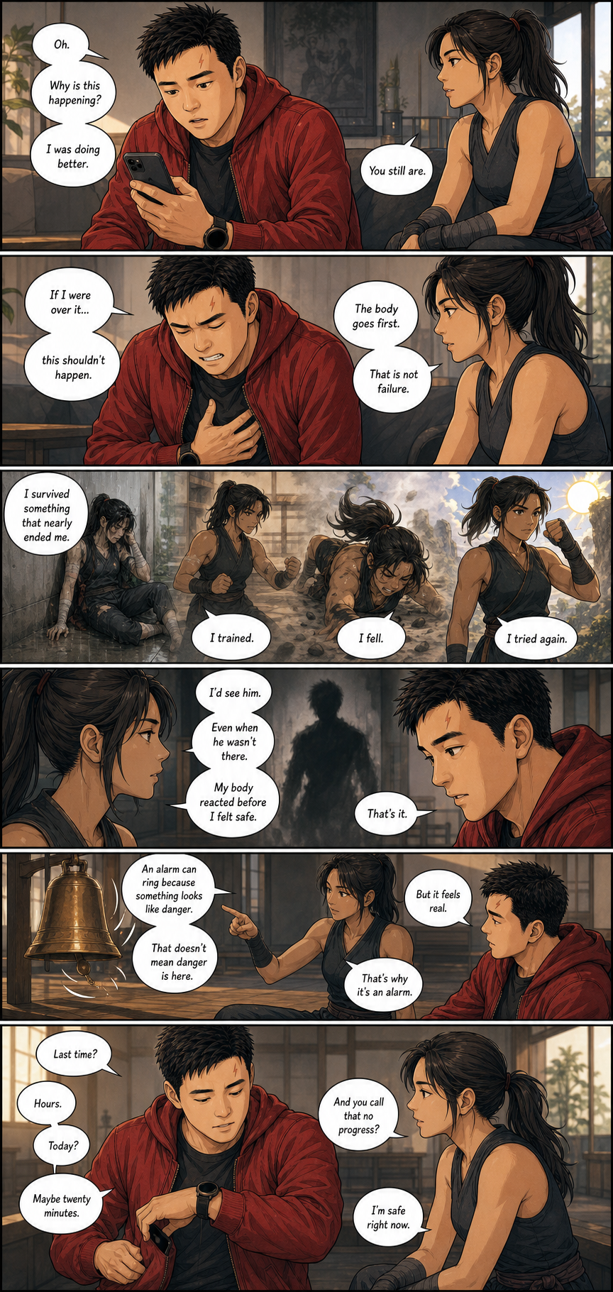 The Warrior Alone: A layered version of Tony measuring progress by how quickly he remembers he is safe again.