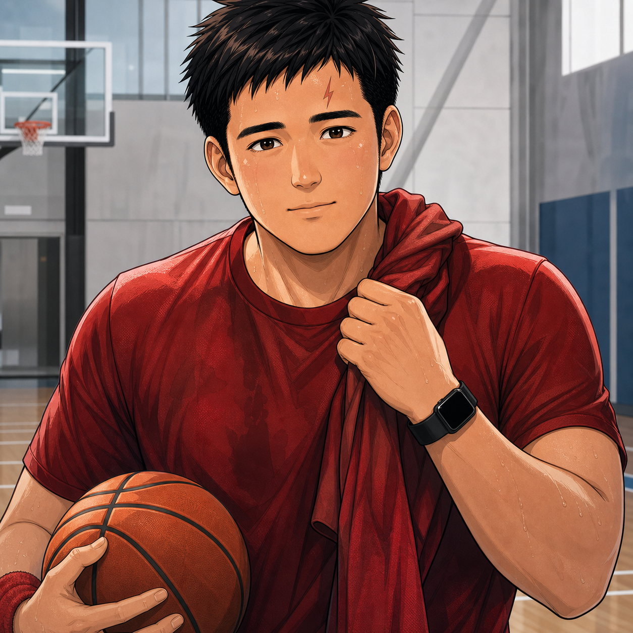 Tony after playing sports in red athletic gear
