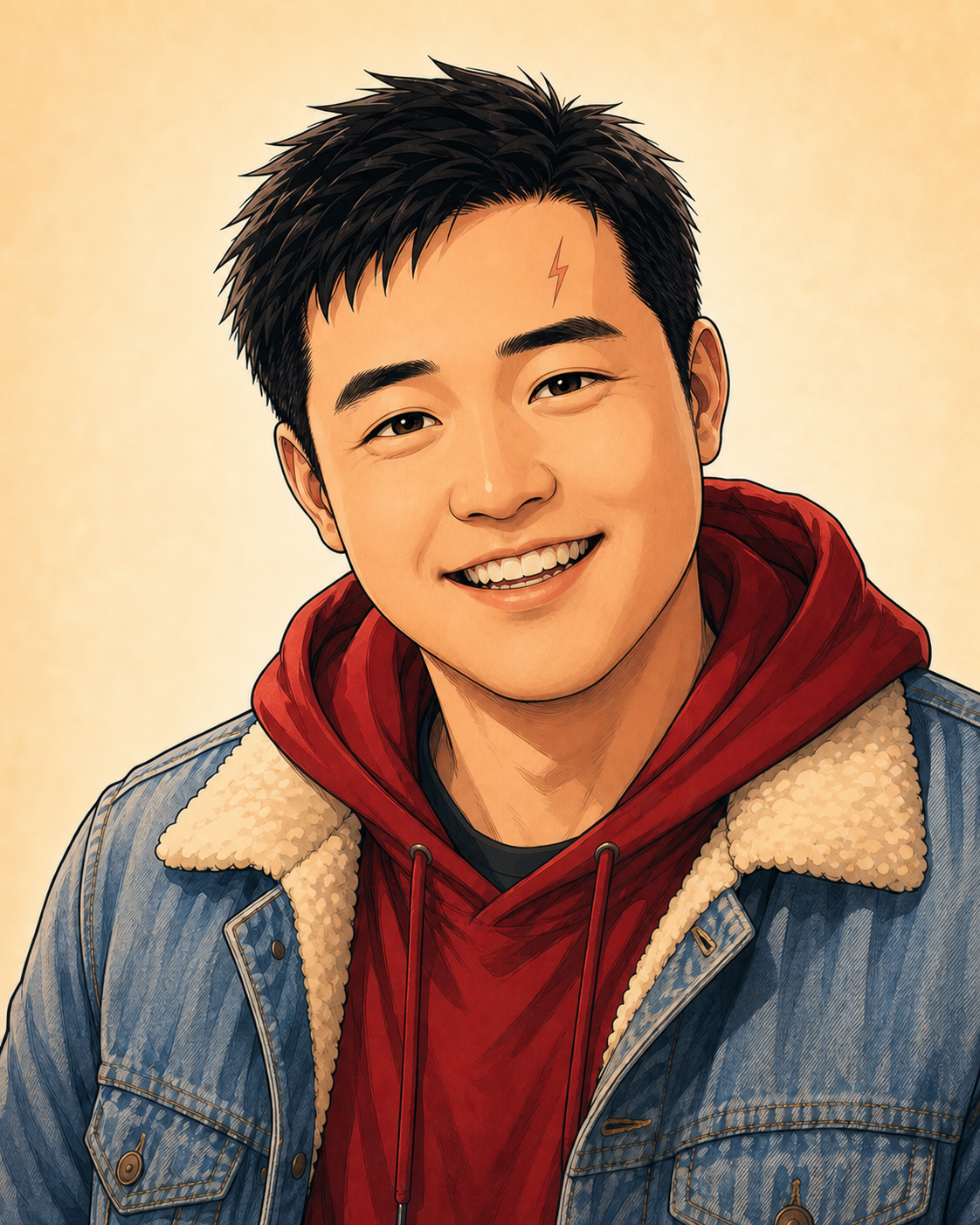 Clean-shaven Tony in a grey hoodie and denim sherpa jacket