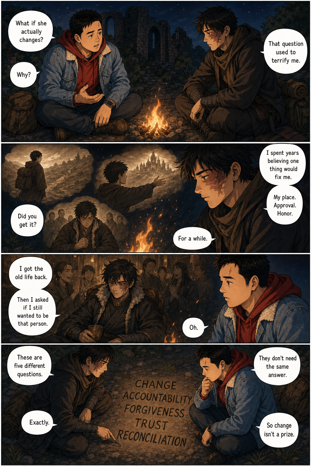 Too Late Can Still Be Real: Tony learns from an exiled prince that getting the old life back is not the same as becoming better.