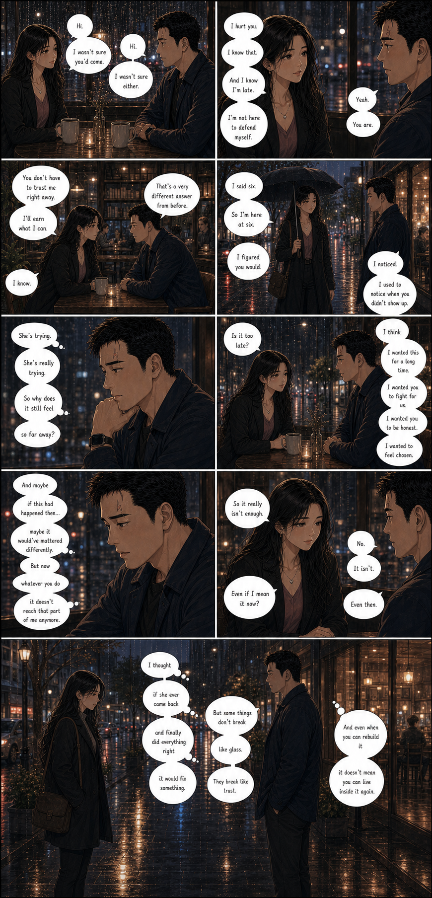 Too Late: A layered version of Tony and Shemay Lee discovering that rebuilt trust can still arrive too late to become home again.