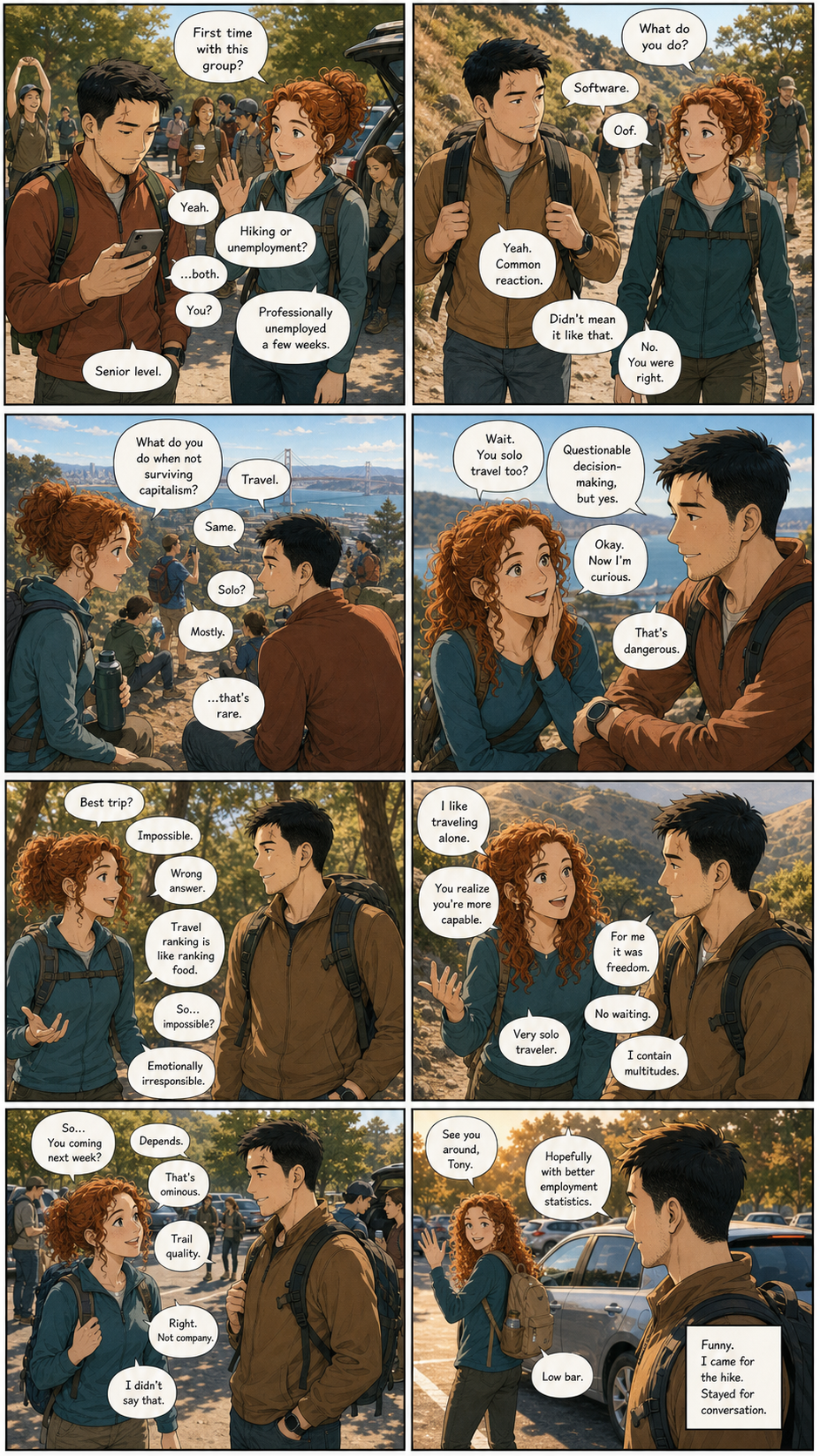 Trail Mix: Tony joins an unemployed hiking group expecting exercise and distraction, but meets Laura instead.