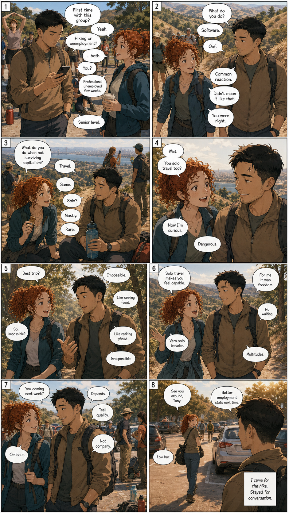 Trail Mix: A layered version of Tony and Laura finding easy conversation on a Bay Area trail.