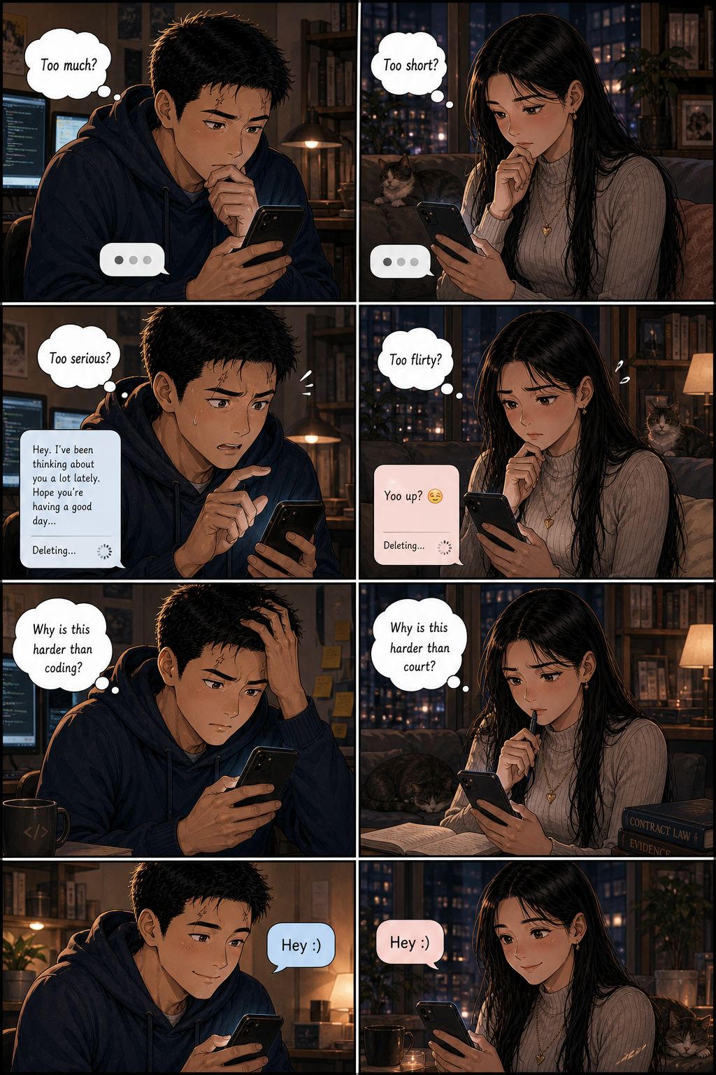 Typing... (Drafts Visible): Tony and Shemay Lee overthink visible draft messages before landing on something simple.